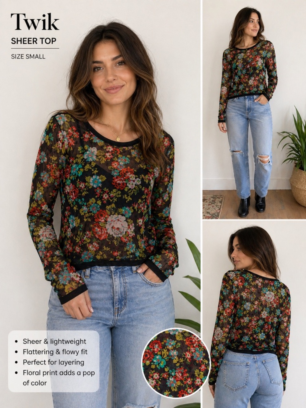 twik Black Sheer Floral Long-Sleeve Top with Multicolor Blooms
